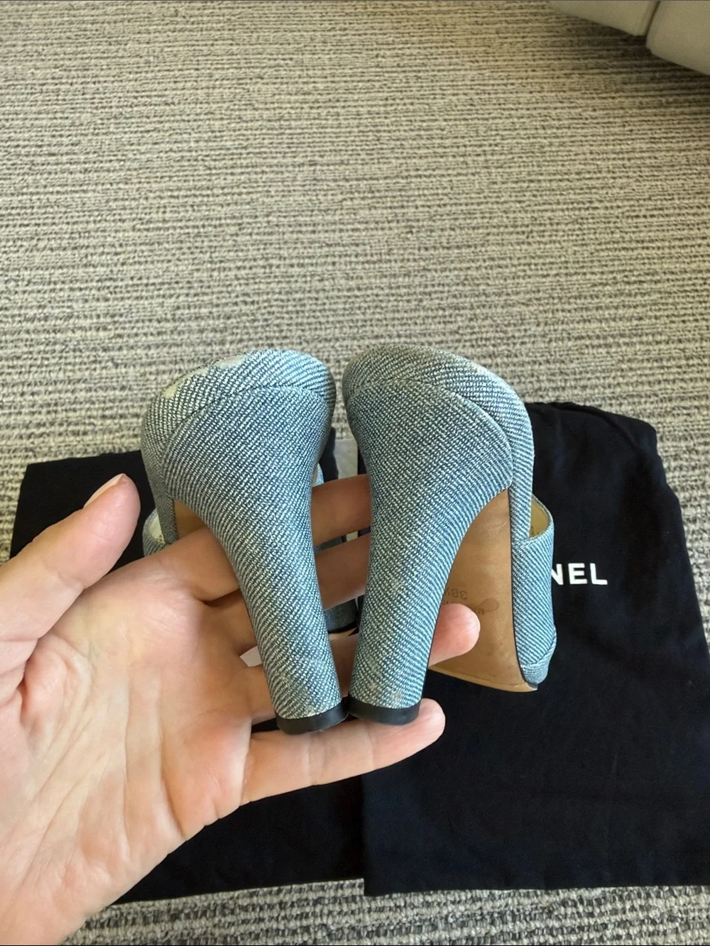 CHANEL Denim Blue and Black Cap-Toe Slip-On Mules